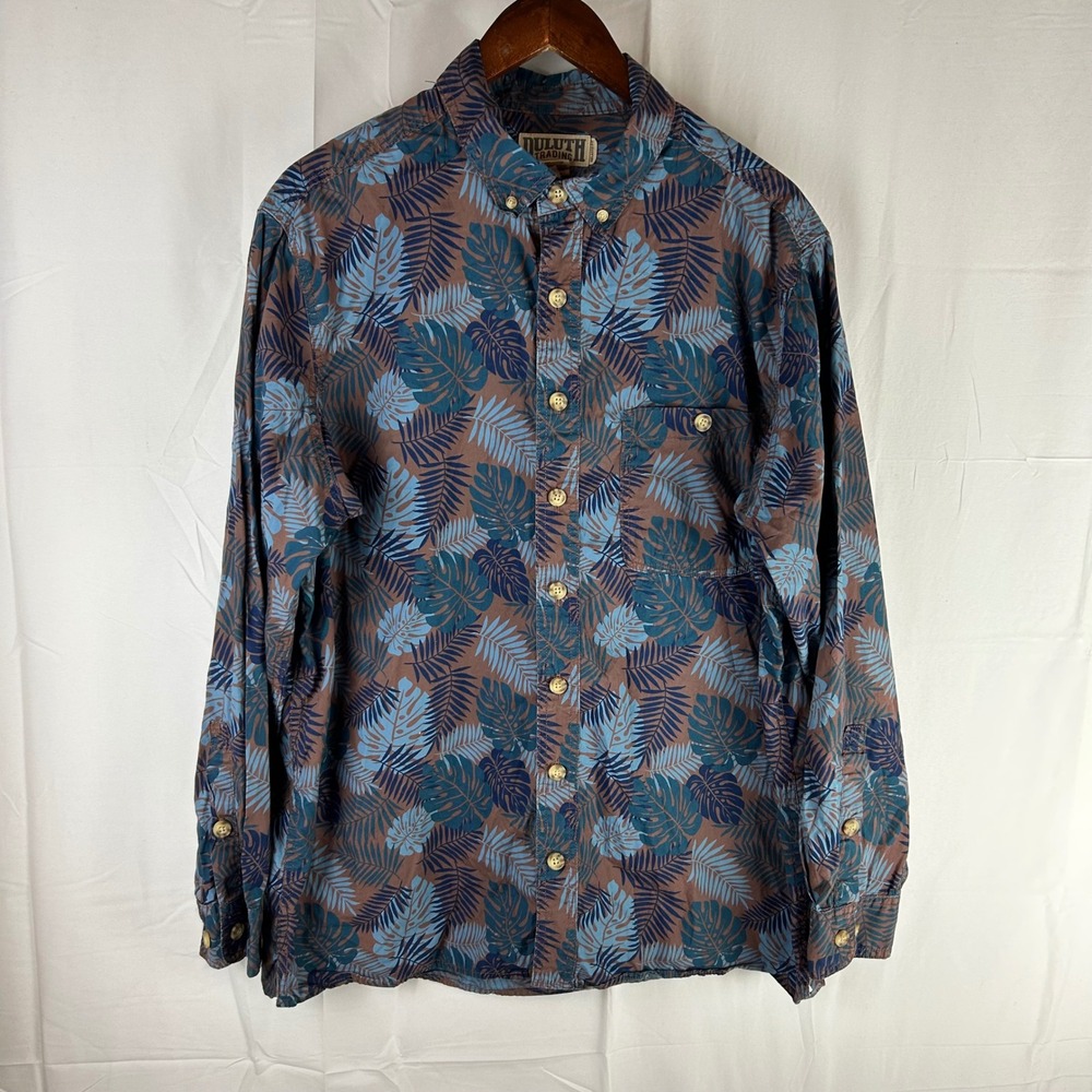Duluth Trading Co Mens Relaxed Fit Button Down Shirt Tropical Leaf Print Tall L